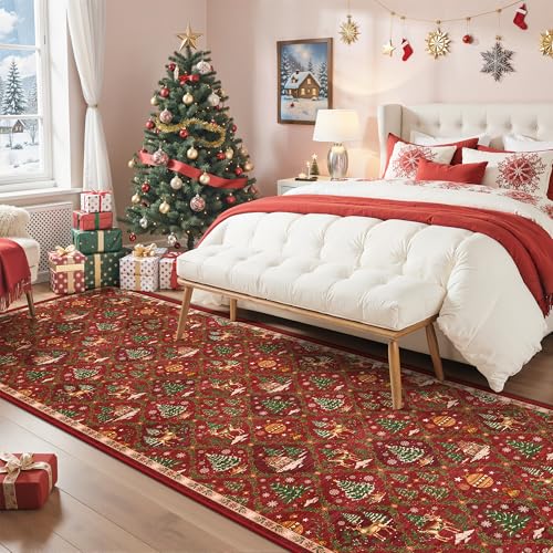 Madane Christmas Hallway Runner 3x8, Red Kitchen Rugs Washable Entryway Rug 8ft Vintage Kitchen Runners Non Slip Indoor Carpet Xmas Holiday Decor Runner for Bathroom Living Room Bedroom
