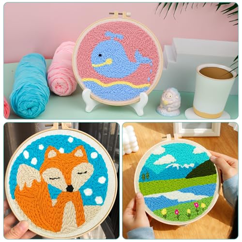 Image of Zuaooz 3 Sets Punch Needle Kits,Whale Fox and Snow Punch Embroidery Kits for Adults Beginner, Tool with Punch Needle Fabric, Hoops, Yarns and Sewing Needles