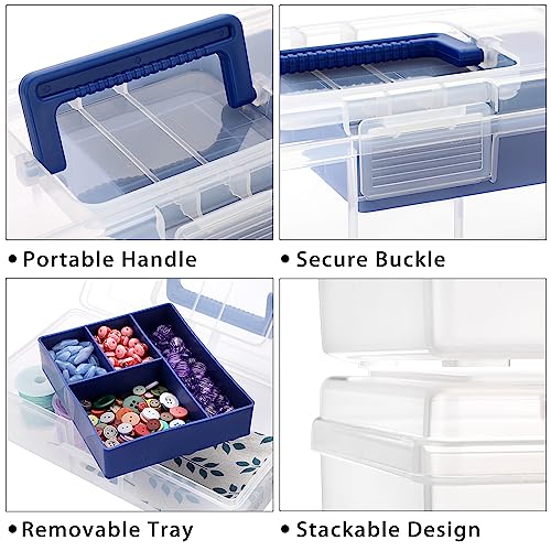 Image of BTSKY Clear Plastic Storage Box with Removable Tray Multipurpose Stationery Storage Box with Handle Handy Sewing Box Art Craft Supply Organizer Home Utility Box (Blue)