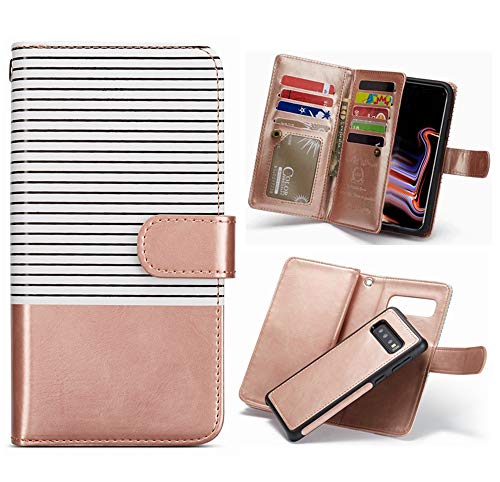 Hynice iPhone 8Plus/7Plus/6Plus Detachable Wallet Case, Flip Straps Pattern Leather Case with 9 Card Slots Magnetic Strap Removable Cover for iPhone 8Plus/7Plus/6Plus 5.5(Gold White, iPhone 8Plus)