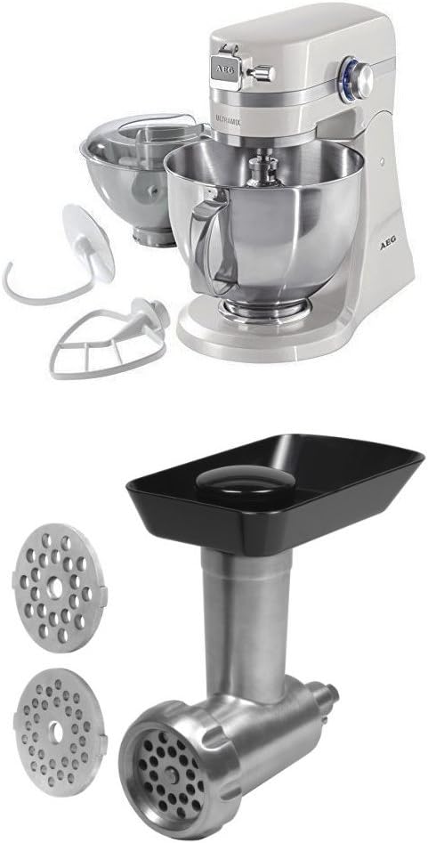 AEG KM4100 - Robot de cocina con motor de 1.4 caballos de potencia, color blanco + AEG AUM MG - Accesorio picador de carne