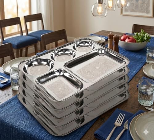 Image of Tableware Serving Stainless Steel Partition Plate 5 in1 / Bhojan Thali /Dinner Plate Set of 6 Partition Plate