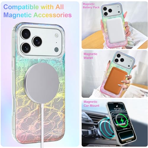 Image of AIGOMARA Cute Case for iPhone 17 Pro Max Case for Women Girls [ Compatible with Magsafe ] Glitter Girly Aesthetic Rainbow Magnetic Protective Phone Cover, Fluorescent Iridescent Craquelure Pattern
