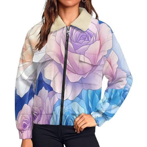 Chaqueta de forro polar cálida para mujer con flores de ensueño y cremallera