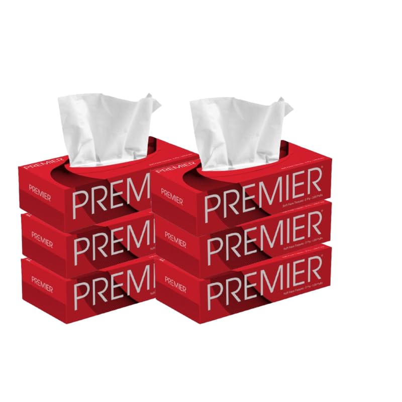 Image of Premier 2-Ply Box Face Tissue Papers - 100 Pulls per Box (Pack of 6, 600 Pulls, 1200 Sheets) -Ultra Soft, Gentle & Highly Absorbent Facial Tissues for Home, Office, Car & Travel | Red