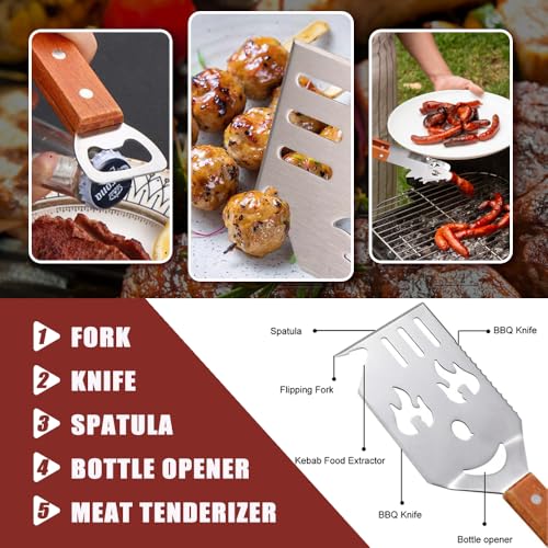 Geoyien Grillspachtel für Barbecue, Grillzubehör Männer Geschenk, Multifunktionales Grill Zubehör, Grillbesteck mit Holzgriff, Messer und Gabel, Säge, Vatertagsgeschenk für Papa (4 Stück, ABCD)
