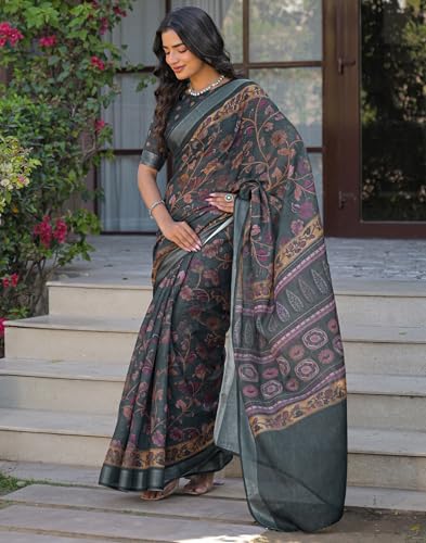 Image of SIRIL Women's Printed Cotton Saree with Unstitched Blouse Piece