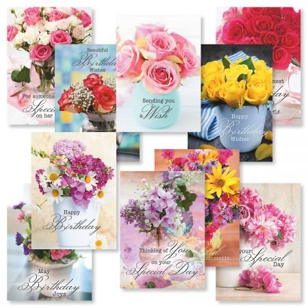 Current Floral Bouquets Happy Birthday Greeting Card Set - Value Pack of 20 Cards With White Envelopes, 10 Designs, Large 5" x 7" Assortment