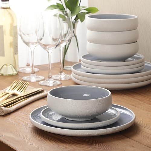 Image of Gibson Elite Pacifco Beach Plates and Bowls Sets, 12-Piece Stoneware Dinnerware Sets, Reactive Glaze Dish Set - Blue