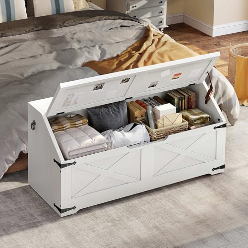 DWVO Storage Bench, Wood Storage Chest with 4 Wheels, 39.4'' Retro Shoe Bench with Safety Hinge, Sloped Design, Utility Organizer for Entryway, Bedroom, Living Room, White