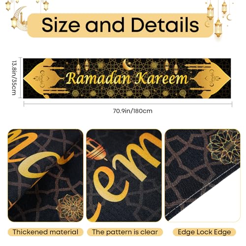 Ramadan Table Cloth, Seutgie Ramadan Decorations For Table 13.8*70.87 Inches Black And Gold Islam Muslim Decor - 2