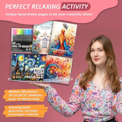 Image of Adult Coloring Books for Women Relaxation, 4Pcs Mindfulness Coloring Books for Women with 36 Colors Markers, 36 Dual Tip Colors Markers(Brush and Fine Point), Anxiety Relief Mindfulness Gift