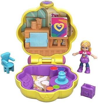 Polly Pocket Tiny Pocket Places Awesome Art Studio Compact with Art-Themed Location, Micro Polly Doll, Surprise Reveals, Supply Closet, Pottery Wheel, Clip-on Ring & More, Ages 4 and Older