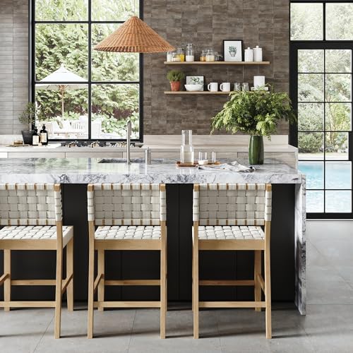 Image of Nathan James Cohen Mid Century Modern Bar Stool, Upholstered Faux Leather Counter Stool with Back and Solid Wood Legs, White