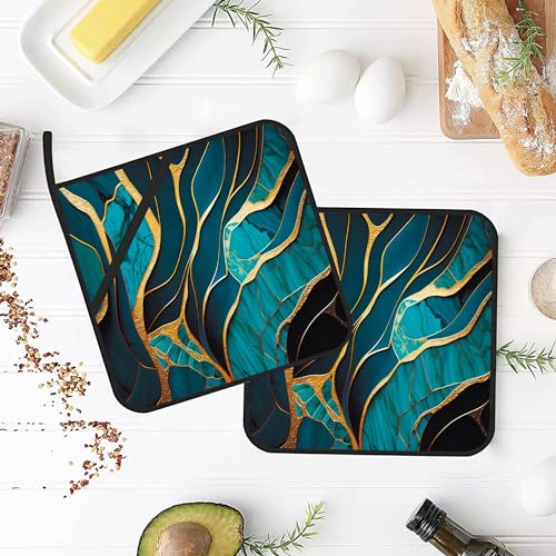 Jasakoo Abstract Turquoise Stone Marble Pot Holders Set Of 2 Kitchen Heat Resistant Potholders For Microwave Cooking Baking Oven End Dishes And Bbq Gifts For Women thumb #3