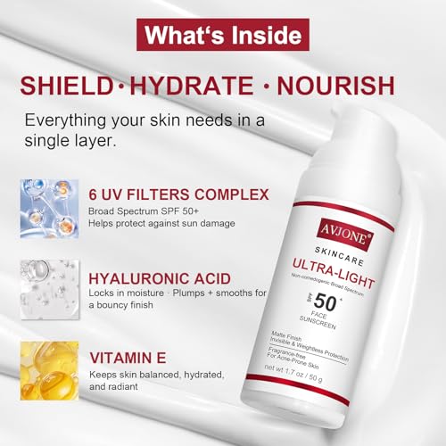 AVJONE Face Sunscreen SPF 50, Broad Spectrum UVA/UVB Protection with Hyaluronic Acid & Vitamin E, Lightweight Non-Greasy Formula, Water-Resistant, Oil-Free, Non-Comedogenic for Sensitive Skin, 1.7 oz — view 2