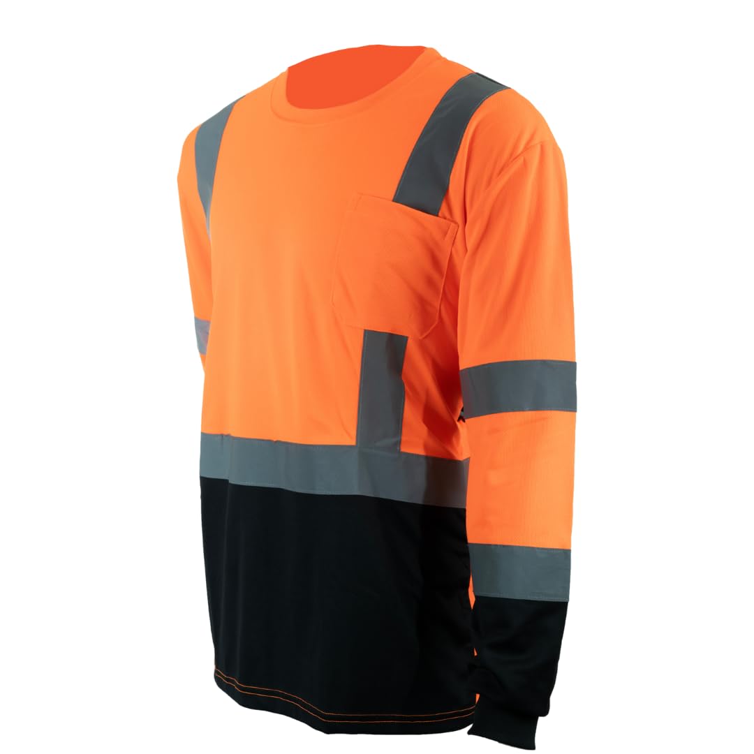 Homiegear High Visibility T Shirt for Men Women | Reflective Long Sleeve T Shirts | Safety Work T Shirts with Black Bottom (US, Alpha, X-Large, Regular, Regular, Orange)