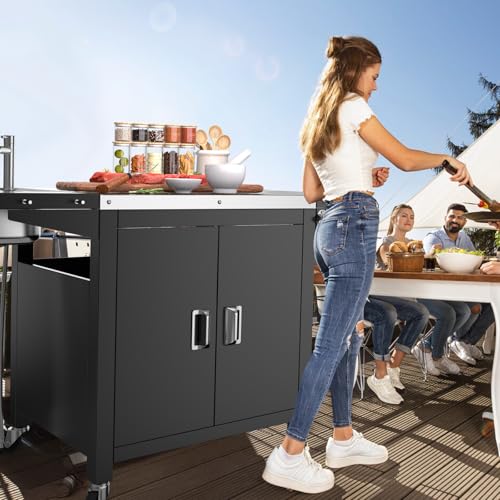 GFTIME Grillwagen, outdoorküche, rollbare Kücheninsel aus Edelstahl mit Aufbewahrungsschrank, Eisbox, Spüle, Outdoor küche, Pizzaofen-Tisch,Küchenwagen, Servierwagen, Grilltisch,155x63x89cm