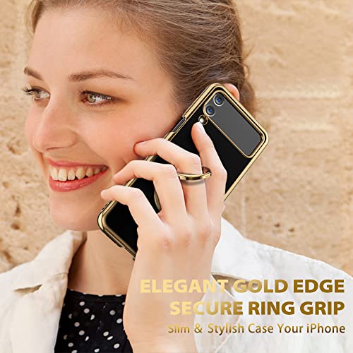 Oakxco Samsung Galaxy Z Flip 4 Case With Ring Kickstand, Elegant Luxury Gold Edge Glossy Phone Case With Magnetic Ring Holder Flip 4 Protective Cover For Women Girl Cute, Slim Fit Soft Tpu, Black #TOP2