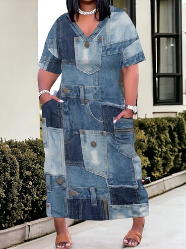 Image of SUZONANA Plus Size Denim Print Maxi Dresses for Women Casual V Neck Short Sleeve with Pockets Soft Jean Look Dress XL-6XL