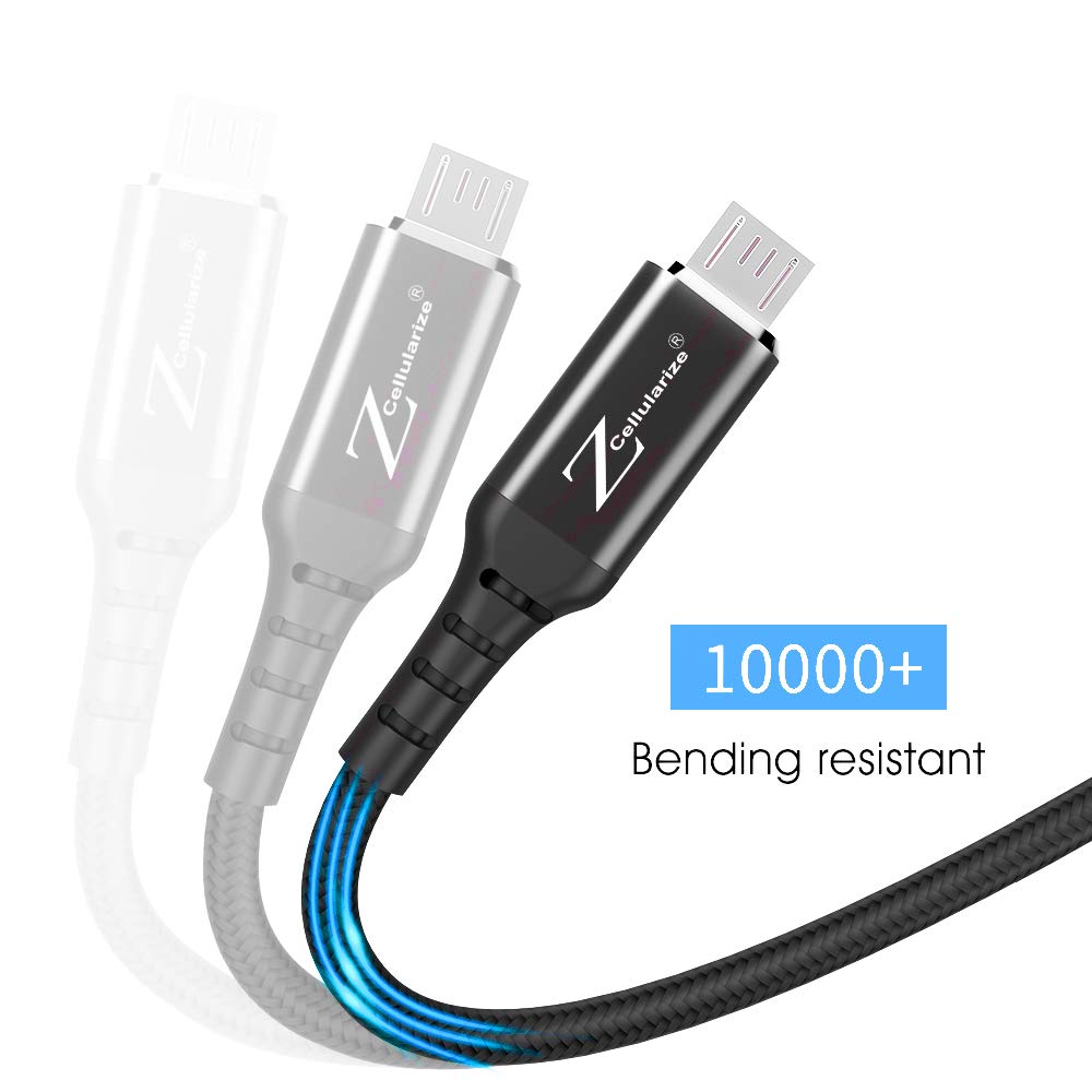 Micro USB Cable, Cellularize 2.4A Fast Charge Nylon Braided High Speed Sync Android Charger Cord with Bulletproof Aramid Fiber for S6 S7 Edge J7 Note 5 (Black, 3 Pack)