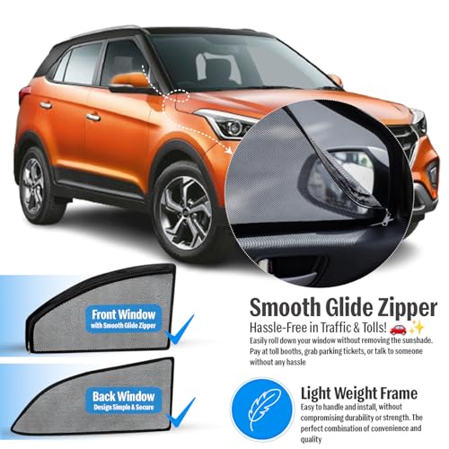 Image of Autofact Magnetic Car Sunshades Compatible with Hyundai Creta Old (2015 to 2020) (Set of 4) - Easy Installation, UV Protection, Keeps Car Cool (Front 2 with Zippers, Rear 2 Without Zippers)