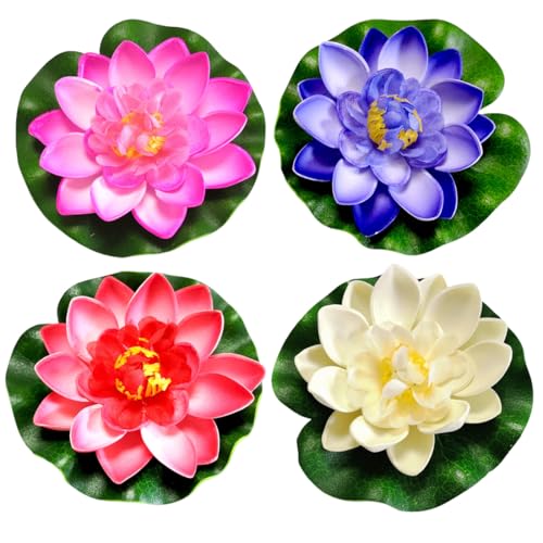 Flores artificiales flotantes, 4 Piezas Artificial Nenúfar Flotante, Decoración de Estanque Flotante para Decoración de Estanque de Acuario(Rosa + Azul + Blanco + Rojo)