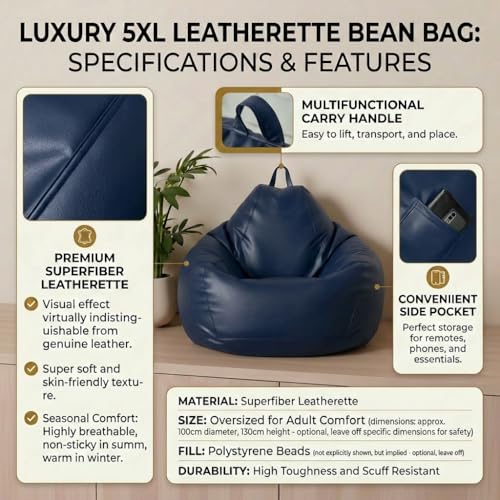 Image of 6XL Jumbo Premium Bean Bag Chair with Footrest & Cushion | Filled with High Density EPS Beans | Comfortable Sofa for Living Room & Bedroom | 6 Months Warranty, Color- (NAVY BLUE, 6XL, Premium)