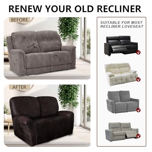 Image of ANARACHON Leather Look Loveseat Recliner Covers Stay in Place 6-Piece Recliner Sofa Slipcover 2 Seater Reclining Couch Cover Spandex Fabric Washable (Recliner Loveseat, Chocolate)