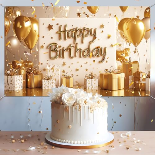 Tiamon Gold Happy Birthday Backdrop Banner White and Gold Background for Women Glitter Star and Balloon Photography Backdrop for Birthday Table Wall Decoration Party Supplies 72.8 x 43.3 Inch - image 7