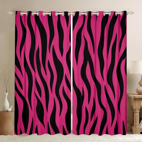 jejeloiu Zebra Stripe Curtains for Bedroom Living Room Zebra Skin Blackout Darkening Drapes Pink Black Window Treatments, 2 Panels 52 x 96 Inch Animal Print Room Decor