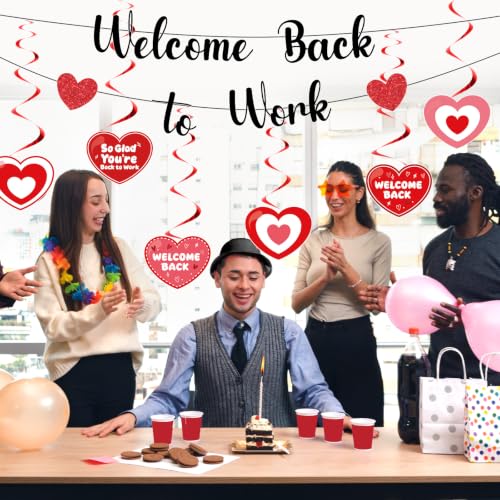 Image of Welcome Back To Work Decoration Banner So Glad You're Back To Work Banner and Hanging Swirls for Office Party Supplies - Black Red