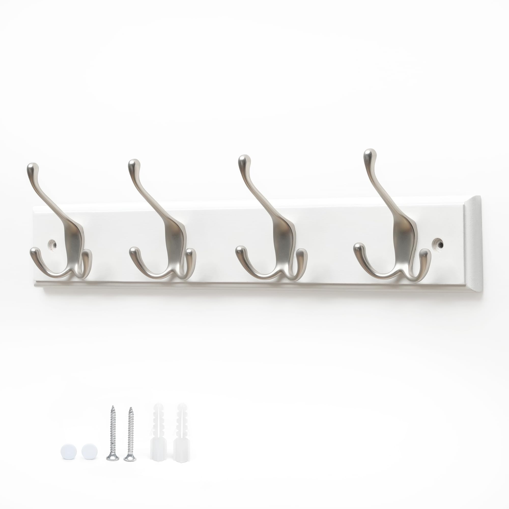 Flatro 4 Triple Hook Bamboo White Coat Hooks Wall-Mounted | Bamboo Coat Rack With 4 Triple Zinc Alloy Hooks To Hang Hats, Jackets, Bags, Keys, Towels & More | Fixings Included (, Pack Of 1)