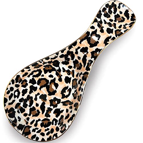 LEAZUL Ceramic Spoon Rest for Stove Top Large Spoon Holder Farmhouse Spoon Rest for Kitchen Counter Leopard Coffee Spoon Rest Animal Print Cooking Utensil Tools Rest Modern Farmhouse Kitchen Decor