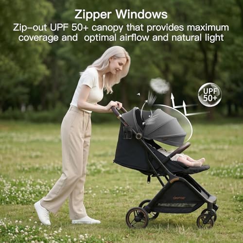 Image of Gromast Gravity Folding Baby Stroller - Portable Travel Toddler Stroller w /Adjustable Backrest, Canopy & Cup Holder, Lightweight and UV Protected, One-Hand Automatic Folding - Dark Gray