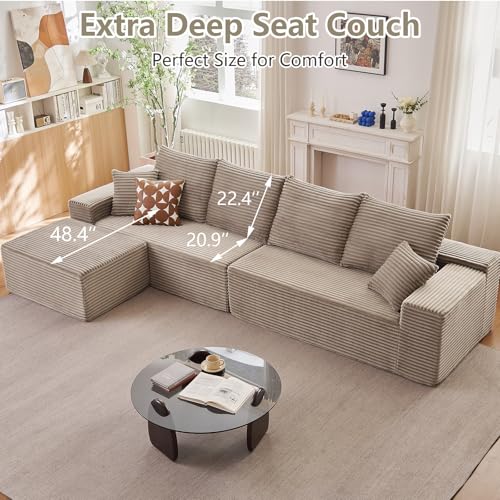 Image of 140 inch L Shaped Cloud Sectional Couch for Living Room, Modular Floor Deep-Seat Sofa, Big Comfy Corduroy Couches Set with Fluffy Memory Foam for Living Room Bedroom, No Assembly Required, Camel