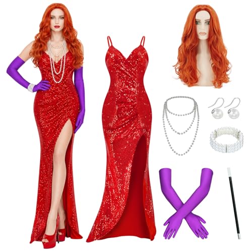Gvnphal Jessica Rabbit Costume for Women Long Red Sequin Fancy Dress with Wig Necklace Gloves Bracelet Props Holder Earrings M