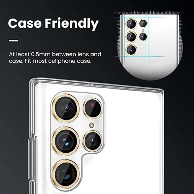 Image of Camera Lens Protector Ring Compatible with Samsung Galaxy S23 Ultra | Tempered Glass + Aluminum Alloy Ring | Full Coverage Lens Guard | Scratch Proof | HD Clear | Case Friendly | Gold