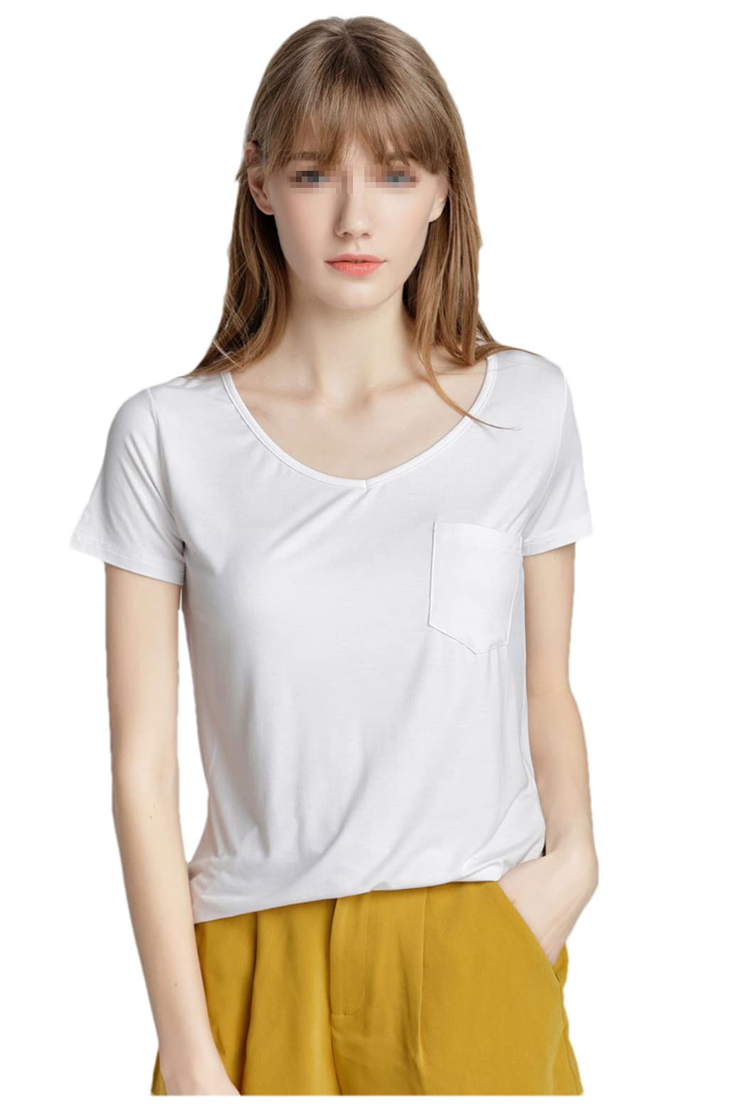 keusyoi T-shirt décontracté en modal uni avec col en V et manches courtes pour femme