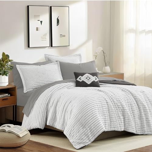 WRENSONGE Boho Full Jacquard Comforter Set, 8 Pieces Black and White Striped Tufted Comforter Set, Microfiber Cozy Farmhouse Bedding Set with Decor Pillow, Lightweight Breathable for All Sea