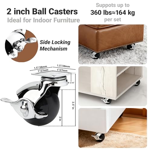 ENYKE 2" Roues Roulettes à Balle avec verrouillage latéral, roues anciennes pour meubles 360LBS, Ensemble de roulettes pivotantes en argent chromé 4 pour la table de café ottomane, 16 Vis incluses