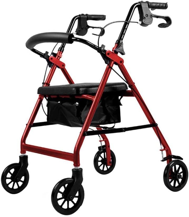 mobility walker for seniors rollator Heavy Duty 4-wheel Walker, Elderly Aluminum Folding Rollator, With Storage Box/seat Plate, Mobile Transport Chair, Handbrake Safety Lock (Color : Red)