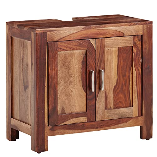 FineBuy Évier Armoire avec Deux Portes Bois Massif de Sheesham 65x61x35 cm | Meuble Vasque a Poser Salle de Bain | Cabinet Vanity Debout