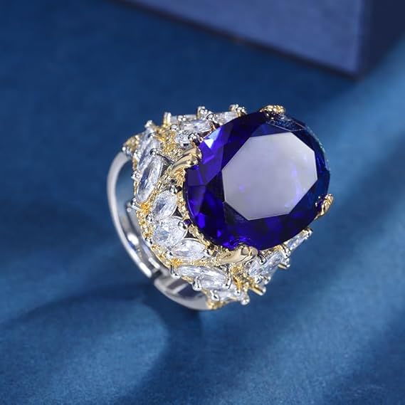 GZYFUVALW Jeweled Gold Plated Blue Glass Diamond Ring for