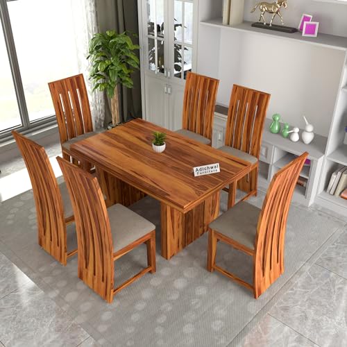 Image of Solid Sheesham Wood 6 Seater Dining Table Set with Cushioned Chairs for Dining Room | Living Room | Home & Office | Hotels Restaurant & Cafe (6 Seater, Honey H)