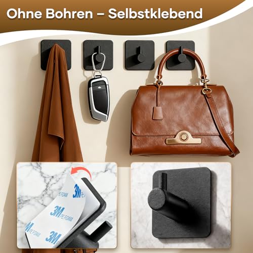 Timzeit Handtuchhalter ohne Bohren - 6er set Handtuchhaken schwarz Badezimmer Handtuchhalter aus Edelstahl Selbstklebender Wandhaken mit 3M-Klebehaken hohe Tragkraft Wasserfeste Haken für Bad