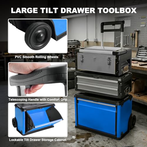 Image of Stackable Rolling Tool Box Portable Metal Toolbox Organizer with Wheels and 2 Drawers Separate Rolling Upright Trolley Tool Chest for Garage or Workshop, Blue