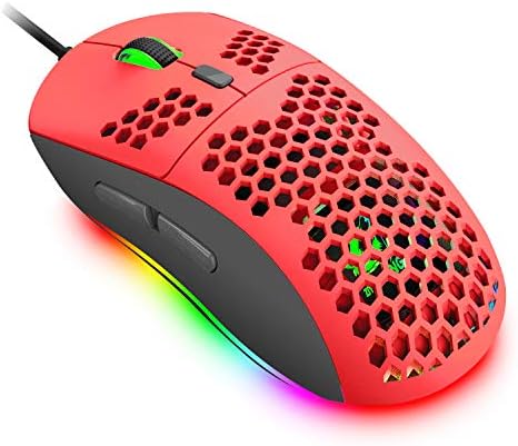 Honeycomb Wired Gaming Mouse,7 Programmable Buttons and RGB Backlight,6400 Adjustable DPI and Ergonomic,Ultraweave Cable Lightweight Ultralight Computer Mice for PC Gamers,Windows,Xbox,PS4(Red)