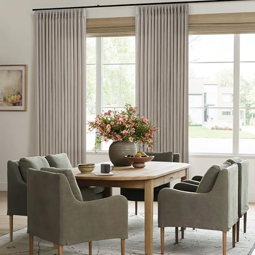 Image of Taupe Pinch Pleated Linen Curtains 96 Inches Long for Living Room | Light Filtering, Pinch Pleat, Semi Sheer, Hooks Rings, Back Tab, Neutral, Farmhouse, 96 Inch Drapes, 1 Panel, Burlywood Birch
