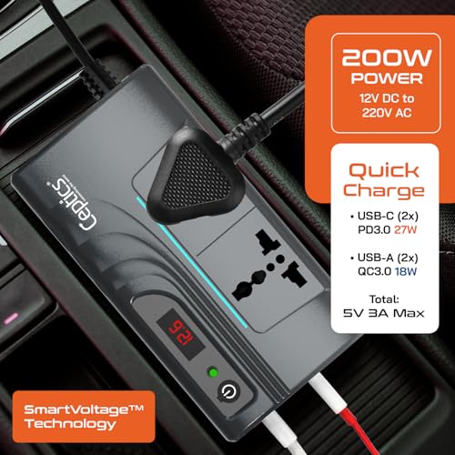 Image of Ceptics 200W Car Laptop Charger, 2 USB-A (3.1A Max) + 2 USB-C (PD 27W) Ports, SmartVoltage Technology, Upgraded Cigarette Lighter Plug, 12V DC to 220V AC, 2X Universal AC Outlet, 18 Months Warranty